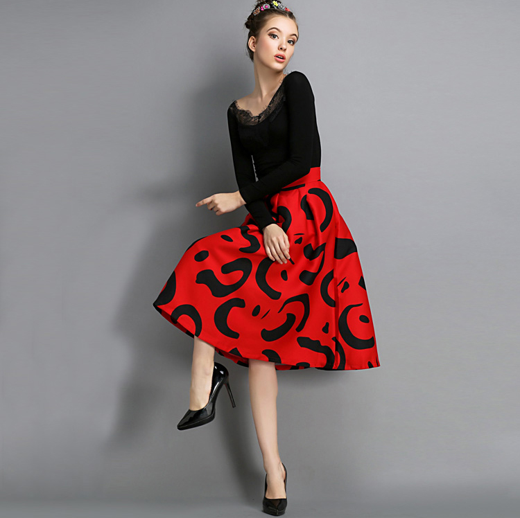 FashionHotSkirtFloralPatternHighWaistCottonSkirtRedCasualSkirt-ZMT102222RD