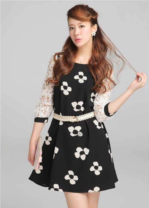 FashionKoreaGirlsThreeQuarterSleeveFlowersPatternsHollowed-OutChiffonDresses-LJT021819BA