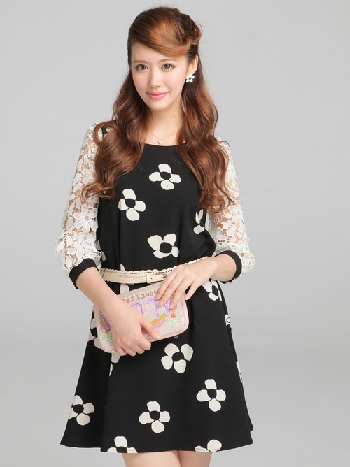 FashionKoreaGirlsThreeQuarterSleeveFlowersPatternsHollowed-OutChiffonDresses-LJT021819BA