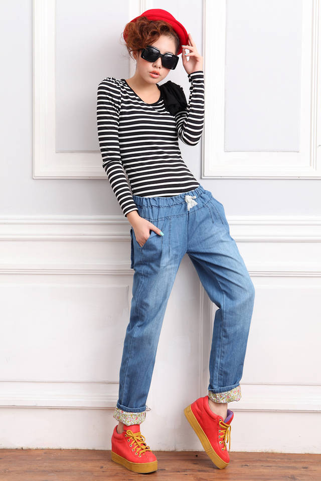 FashionLadiesFloralDrawstringDenimLongPants-XR072414