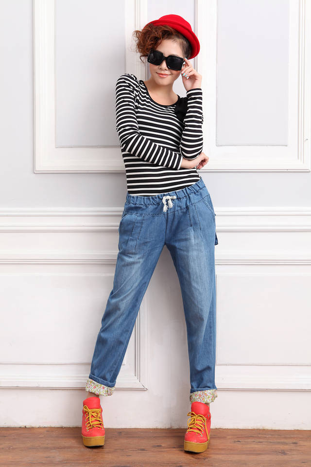 FashionLadiesFloralDrawstringDenimLongPants-XR072414