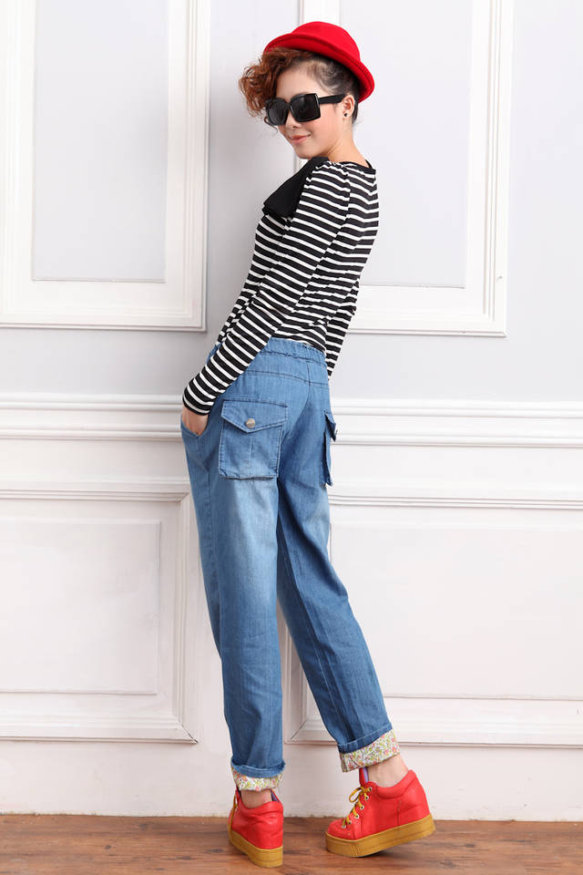 FashionLadiesFloralDrawstringDenimLongPants-XR072414