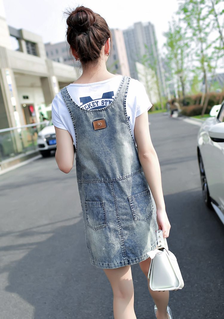 FashionLatestPopularDenimCrewNeckPocketsButtonsPatchWorkSleevelessExcellentQualityStrapsDress-PFT061706