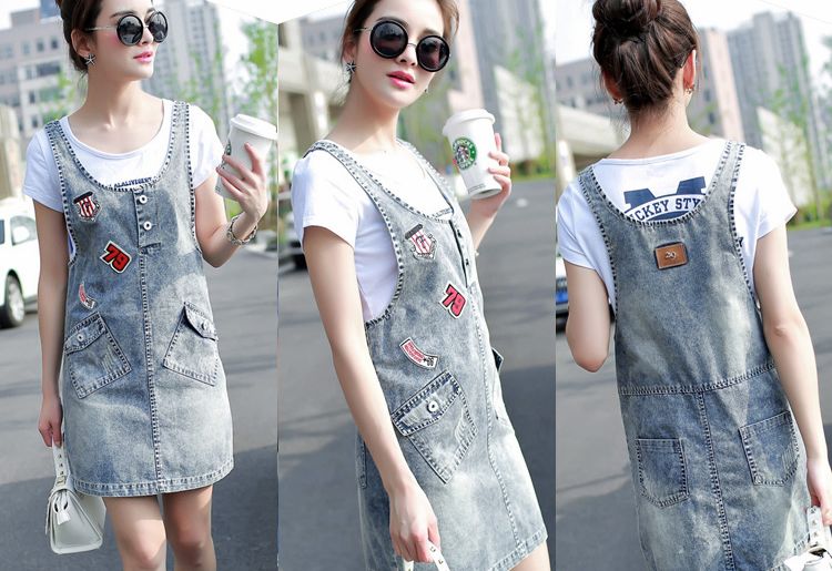 FashionLatestPopularDenimCrewNeckPocketsButtonsPatchWorkSleevelessExcellentQualityStrapsDress-PFT061706