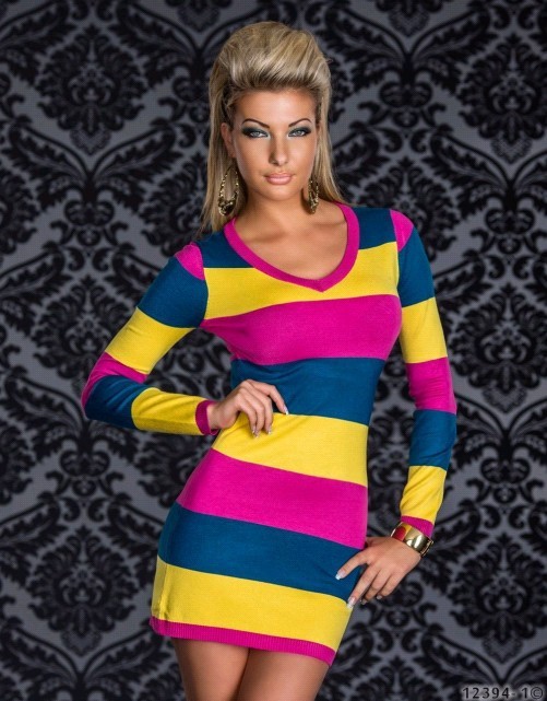 FashionLatestPopularV-NeckStripeSplicedLongSleeveDress-DMR121108RS