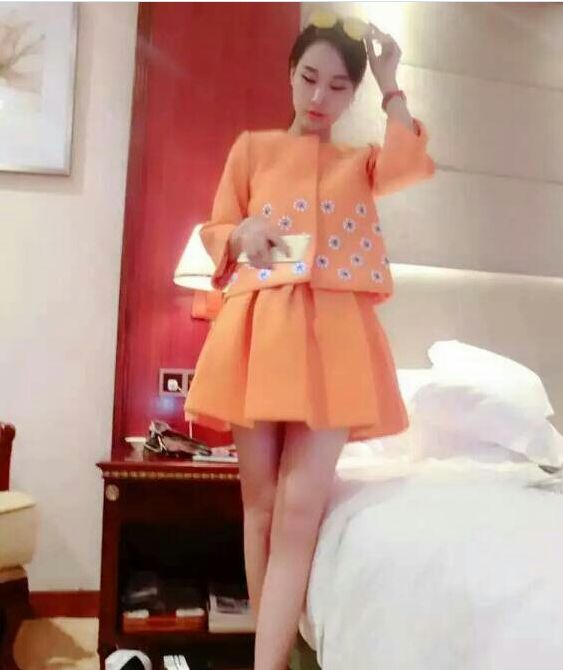 FashionLookOrange34SleeveBeadingLadylikeTwinsetWomenSuit-XFE100717OA