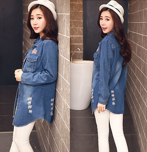 FashionNewDesignWomenHoleLongSleeveTurndownNeckDenimCasualJacket-ZFE091444BU