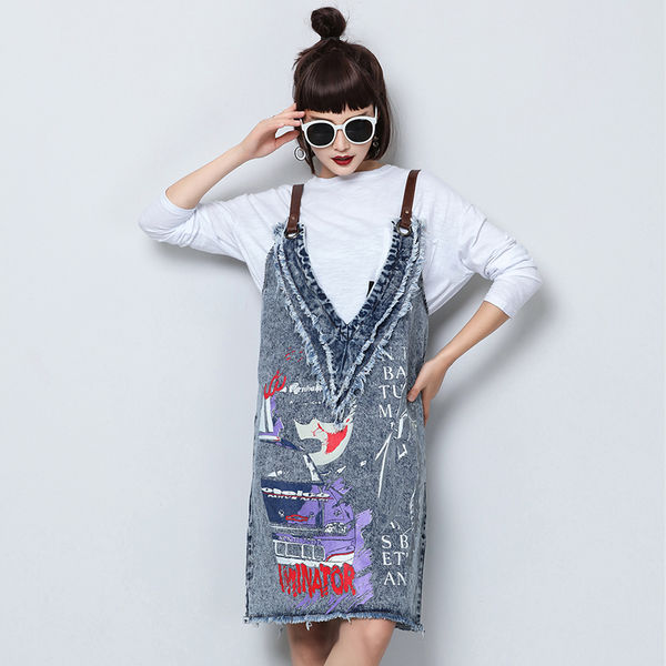 FashionPrintVNeckDenimSuspenderDress-TZK090726LB