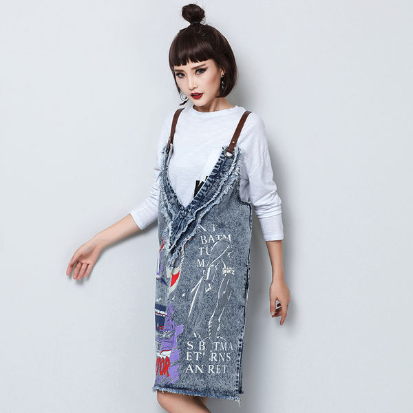 FashionPrintVNeckDenimSuspenderDress-TZK090726LB