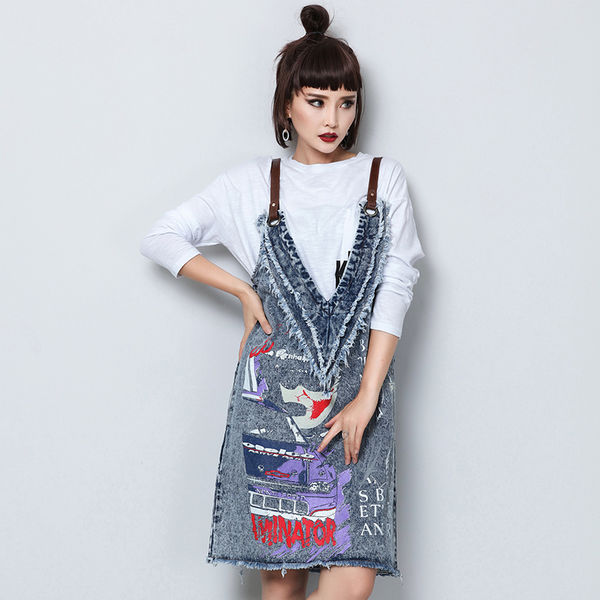 FashionPrintVNeckDenimSuspenderDress-TZK090726LB