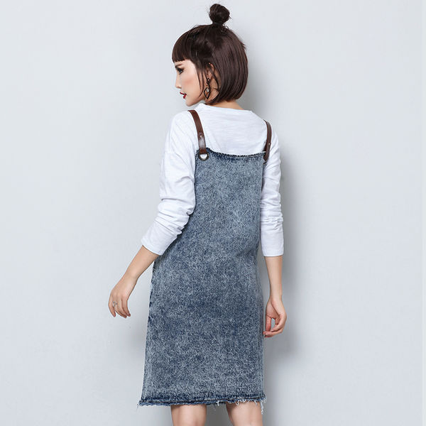 FashionPrintVNeckDenimSuspenderDress-TZK090726LB