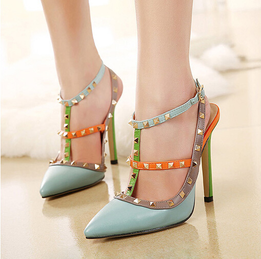 FashionRivetsT-strapPointedToeBluePumpsColorMatchingThinHeelsPumps-DFE050403BU