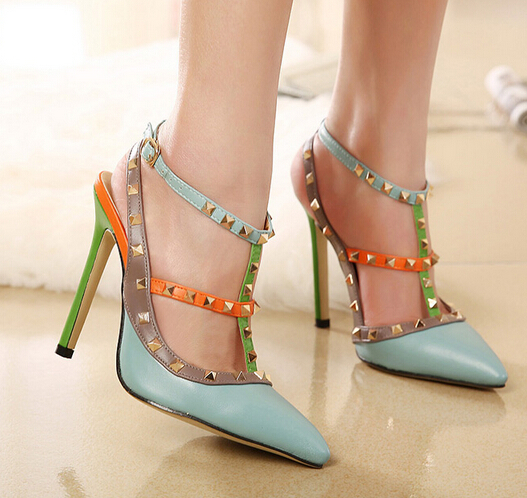 FashionRivetsT-strapPointedToeBluePumpsColorMatchingThinHeelsPumps-DFE050403BU