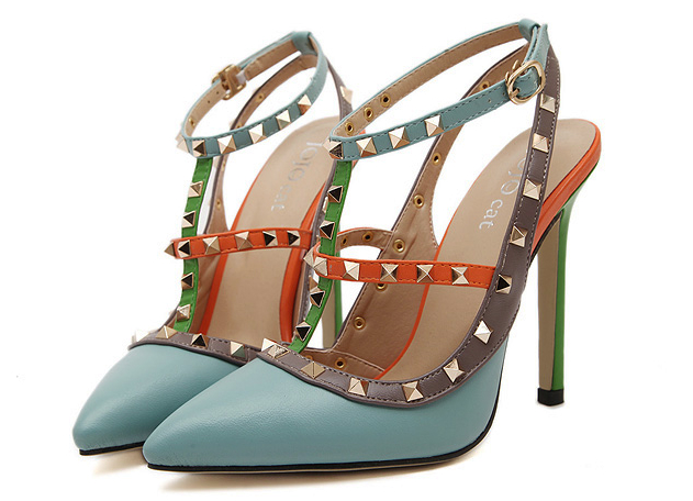 FashionRivetsT-strapPointedToeBluePumpsColorMatchingThinHeelsPumps-DFE050403BU