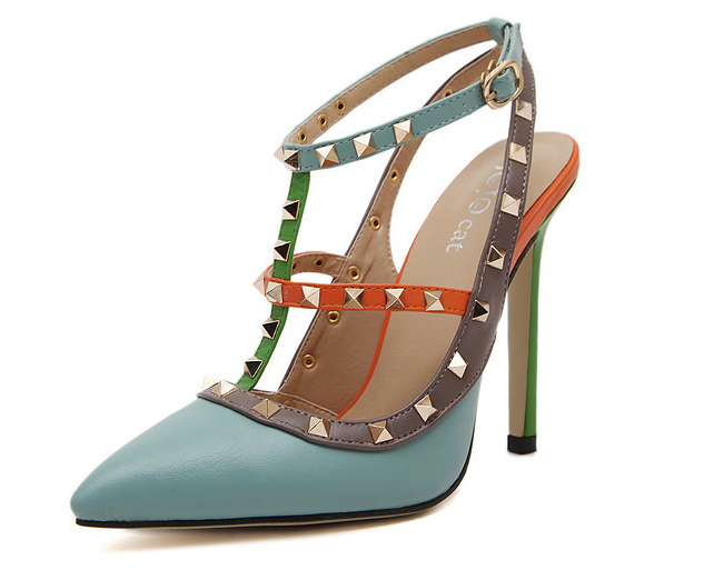 FashionRivetsT-strapPointedToeBluePumpsColorMatchingThinHeelsPumps-DFE050403BU