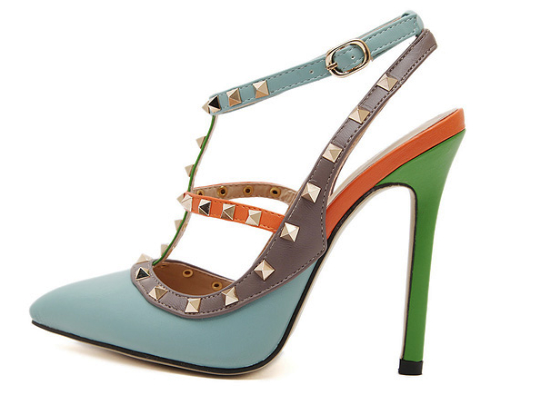 FashionRivetsT-strapPointedToeBluePumpsColorMatchingThinHeelsPumps-DFE050403BU