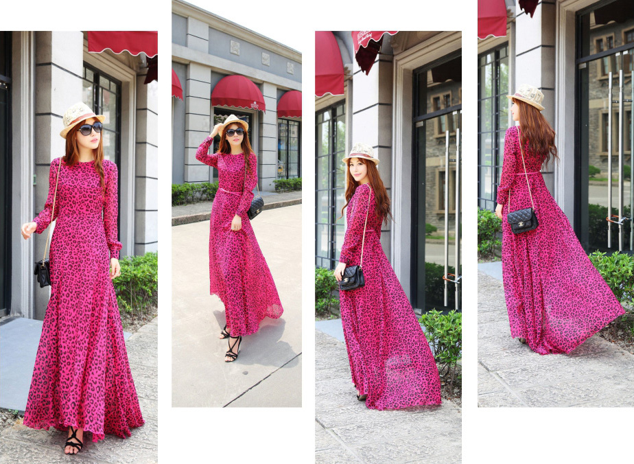 FashionSexyWomenDressLeopardLongSleeveDressFishtailRoseChiffonDress-ZMT100717RS