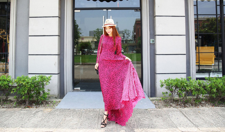 FashionSexyWomenDressLeopardLongSleeveDressFishtailRoseChiffonDress-ZMT100717RS