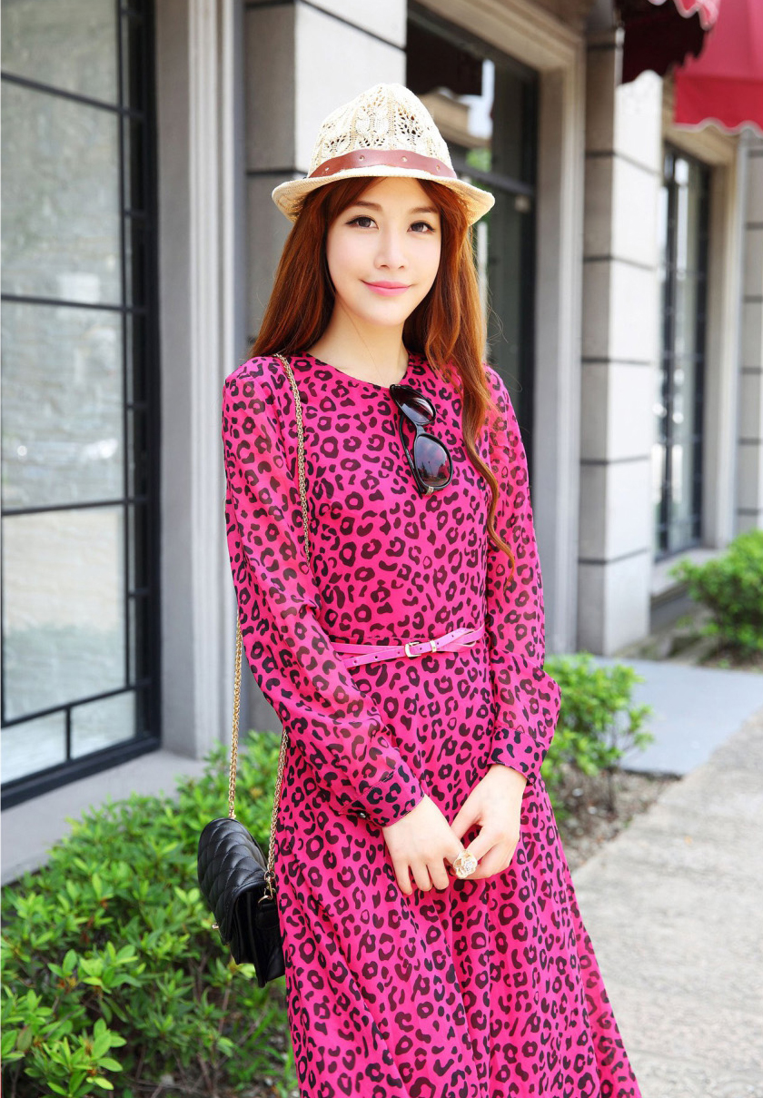 FashionSexyWomenDressLeopardLongSleeveDressFishtailRoseChiffonDress-ZMT100717RS