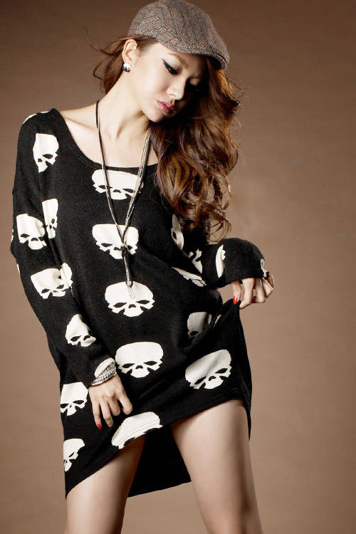 FashionSkullPatternLongSleeveScoopNeckBlackDressCasualDress-DFE072519BA