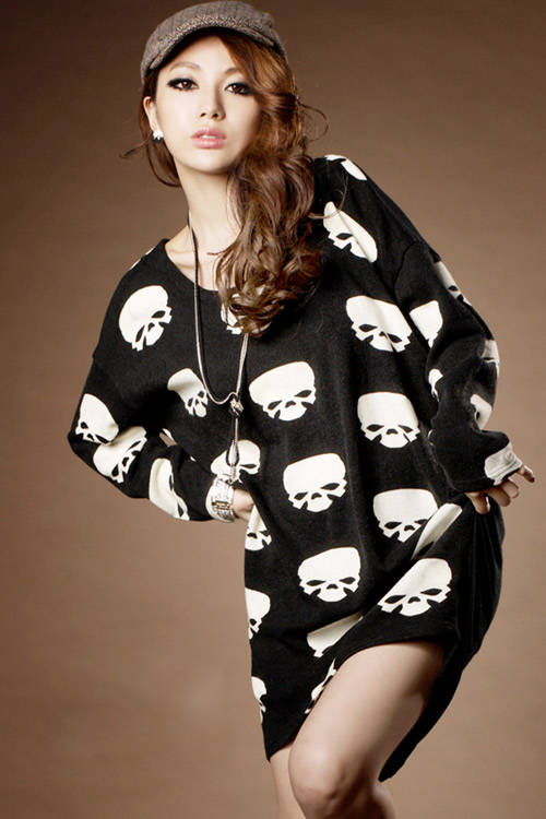 FashionSkullPatternLongSleeveScoopNeckBlackDressCasualDress-DFE072519BA