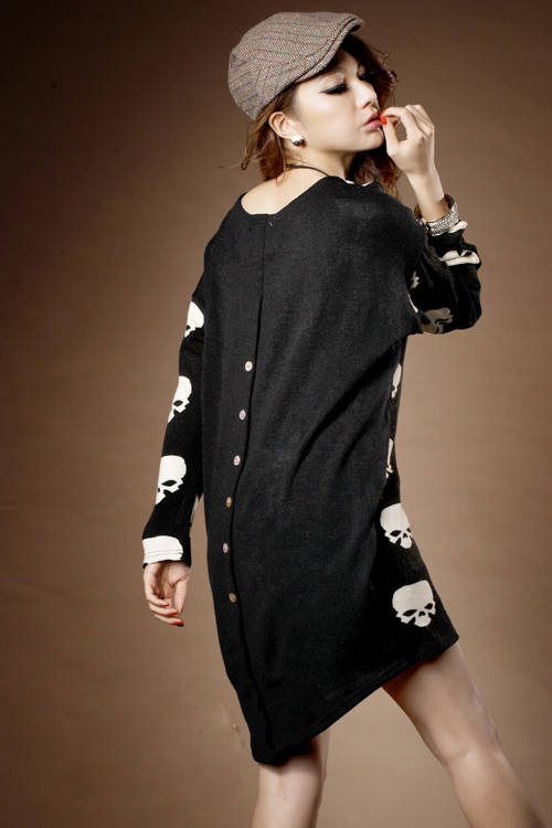 FashionSkullPatternLongSleeveScoopNeckBlackDressCasualDress-DFE072519BA