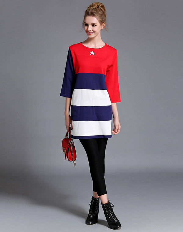 FashionStripeONeckCasualKnittedDress-TFK083141RD