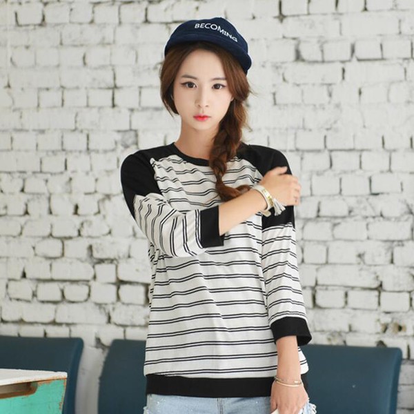 FashionStripedPatchworkLooseLongSleeveTShirt-CHK072705