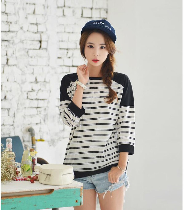 FashionStripedPatchworkLooseLongSleeveTShirt-CHK072705