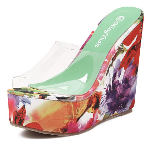 FashionSummerBrandOrangeFloralPrintedWedgeSlippers-XFE082701OA