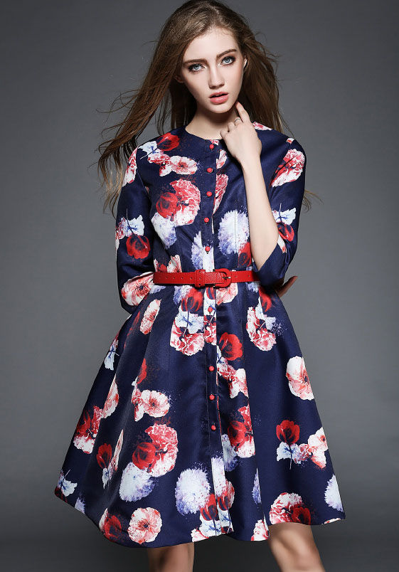 FloralLongSleeveSingle-breastedLooseCoatDresses-ZME083119DB