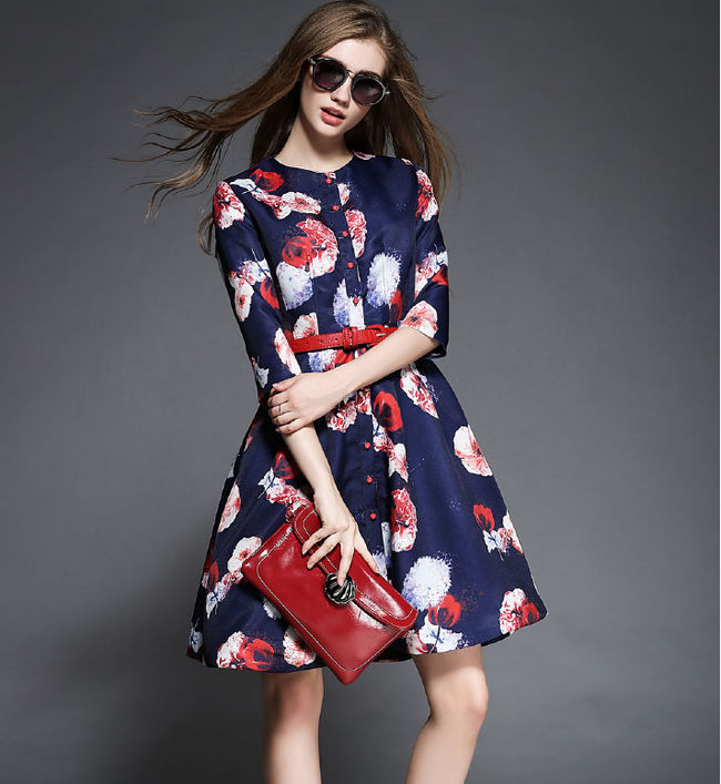 FloralLongSleeveSingle-breastedLooseCoatDresses-ZME083119DB