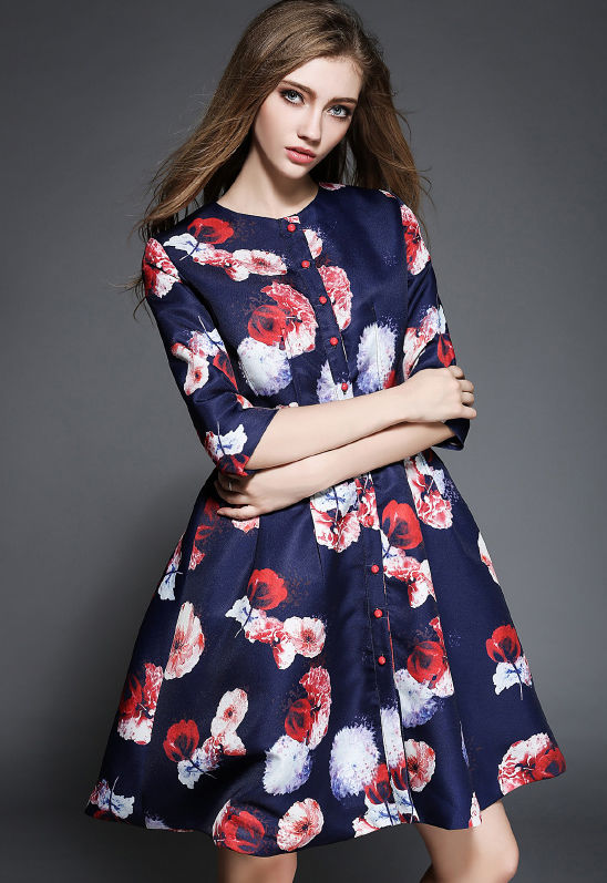 FloralLongSleeveSingle-breastedLooseCoatDresses-ZME083119DB