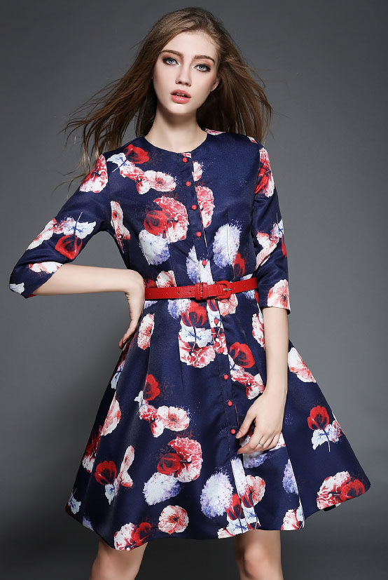 FloralLongSleeveSingle-breastedLooseCoatDresses-ZME083119DB