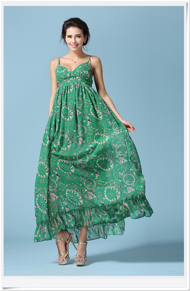 FloralPrintingSexySpaghettiStrapGreenMaxiDressForWomen-ZME070914GE