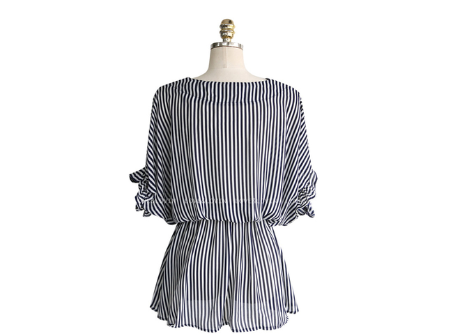 FreeShippingStripesPatternV-neckBatSleeveBlackDress-DFE050637BA