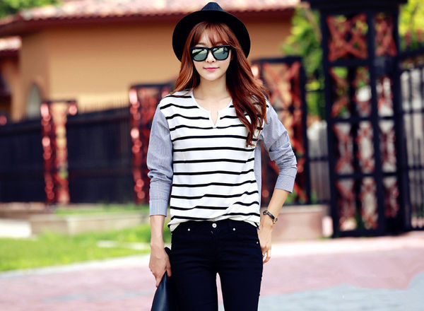 FreshStyleWhiteStripesSplicedLongSleeveVNeckCuteTop-XFE092342WI