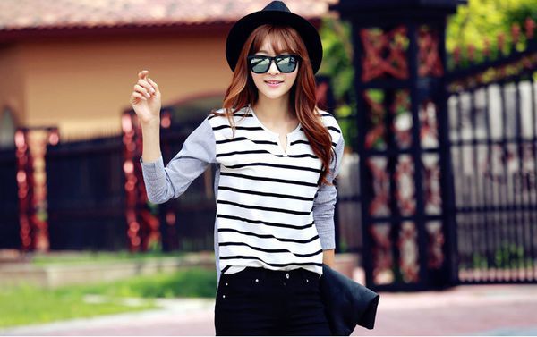 FreshStyleWhiteStripesSplicedLongSleeveVNeckCuteTop-XFE092342WI