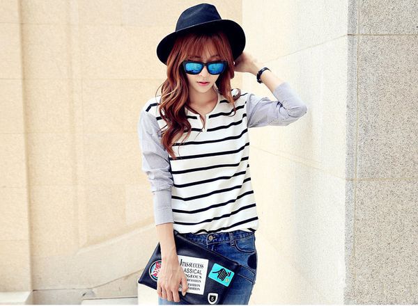 FreshStyleWhiteStripesSplicedLongSleeveVNeckCuteTop-XFE092342WI