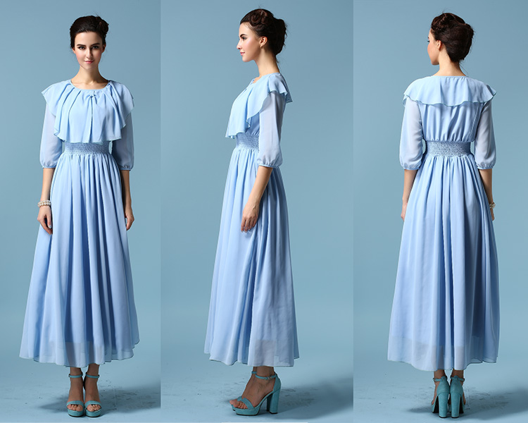 GracefulWomen2015DressThree-quarterSleeveShawlCollarChiffonBlueDress-ZME012313BU