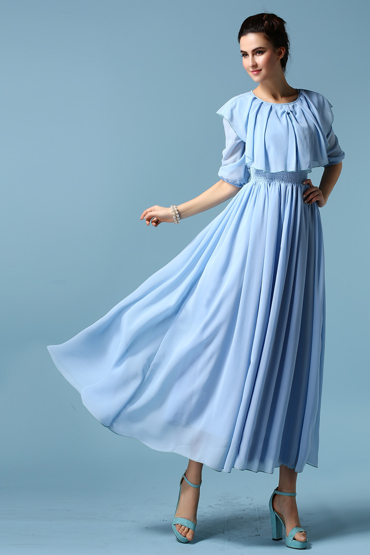 GracefulWomen2015DressThree-quarterSleeveShawlCollarChiffonBlueDress-ZME012313BU