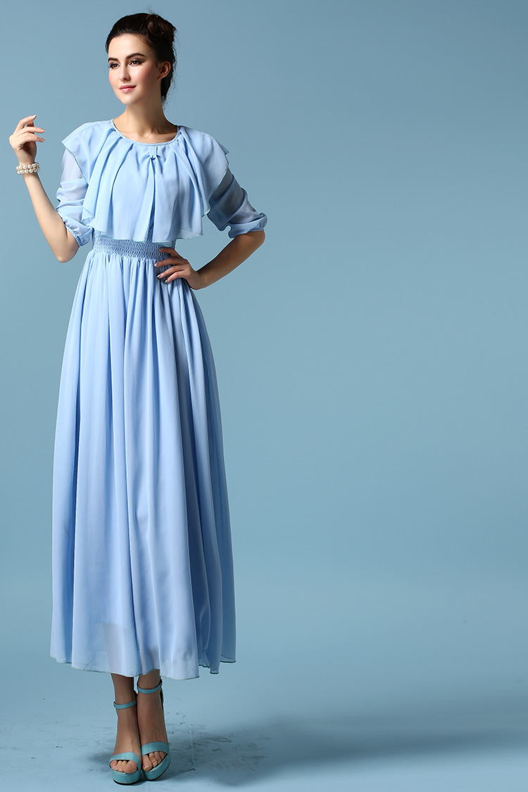 GracefulWomen2015DressThree-quarterSleeveShawlCollarChiffonBlueDress-ZME012313BU