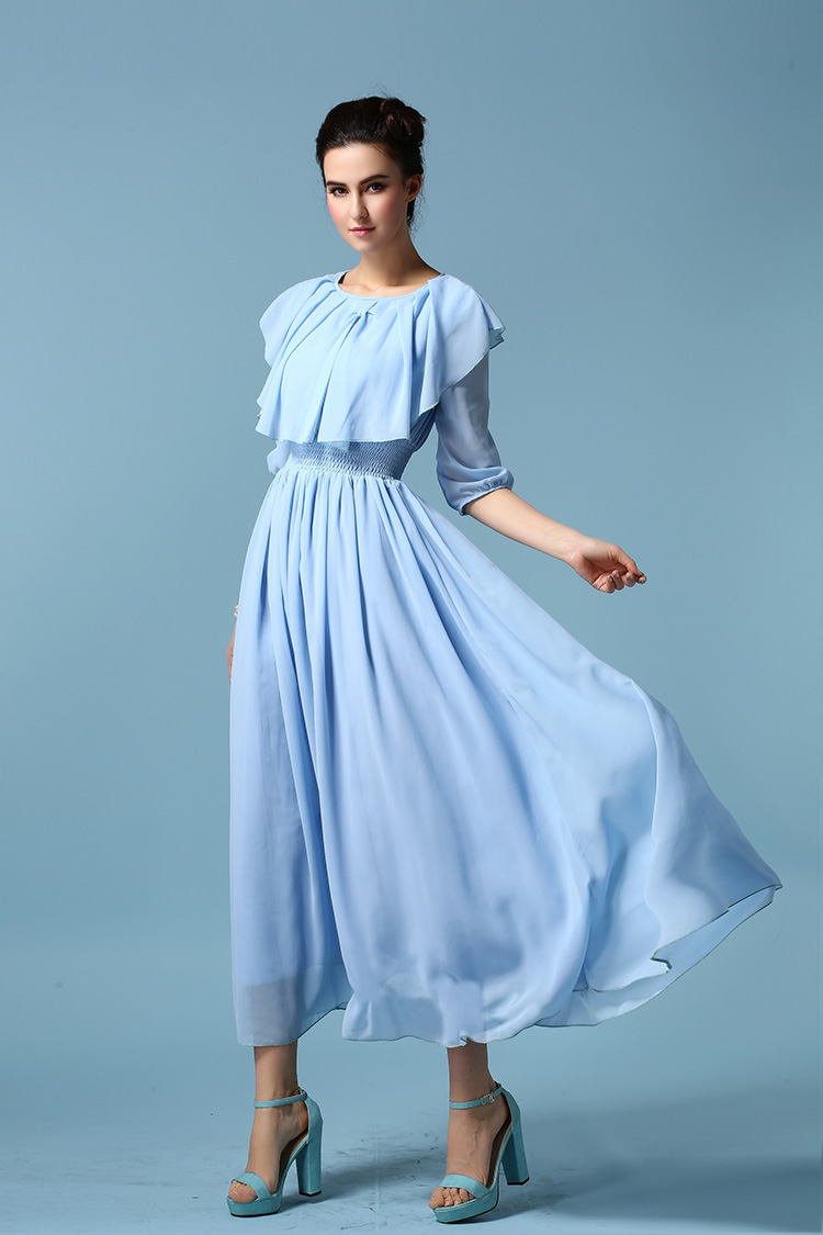 GracefulWomen2015DressThree-quarterSleeveShawlCollarChiffonBlueDress-ZME012313BU