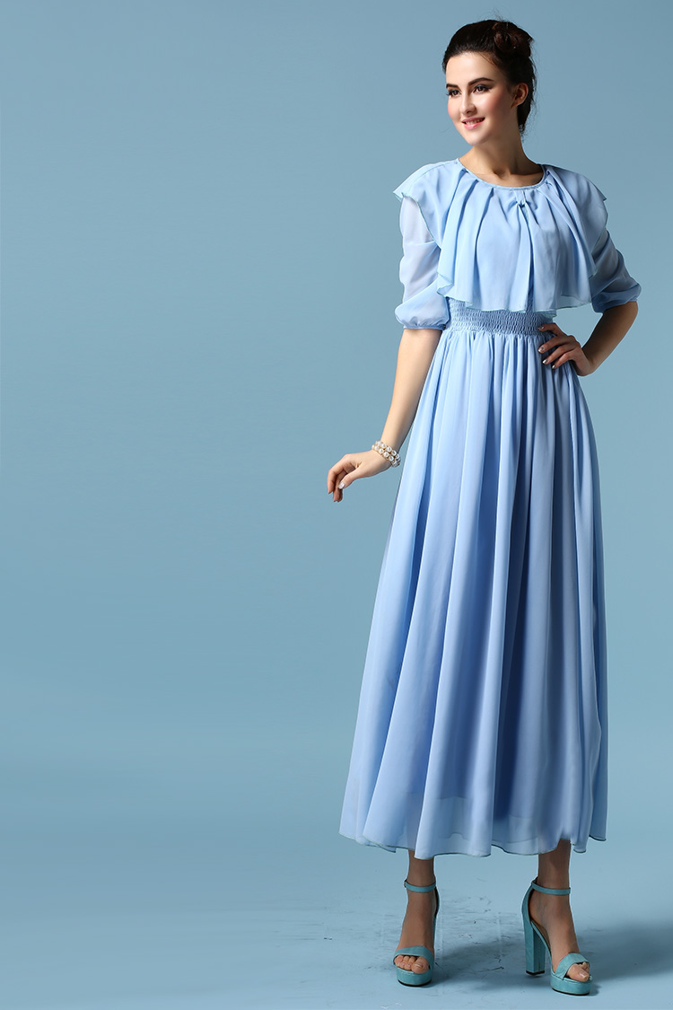 GracefulWomen2015DressThree-quarterSleeveShawlCollarChiffonBlueDress-ZME012313BU