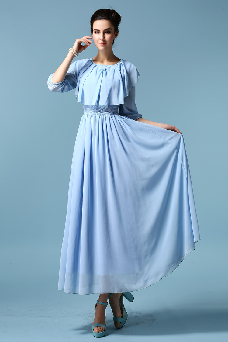 GracefulWomen2015DressThree-quarterSleeveShawlCollarChiffonBlueDress-ZME012313BU