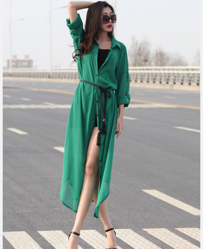 GreenFashionLongSleeveChiffonCardiganCoat-ZME083130GE