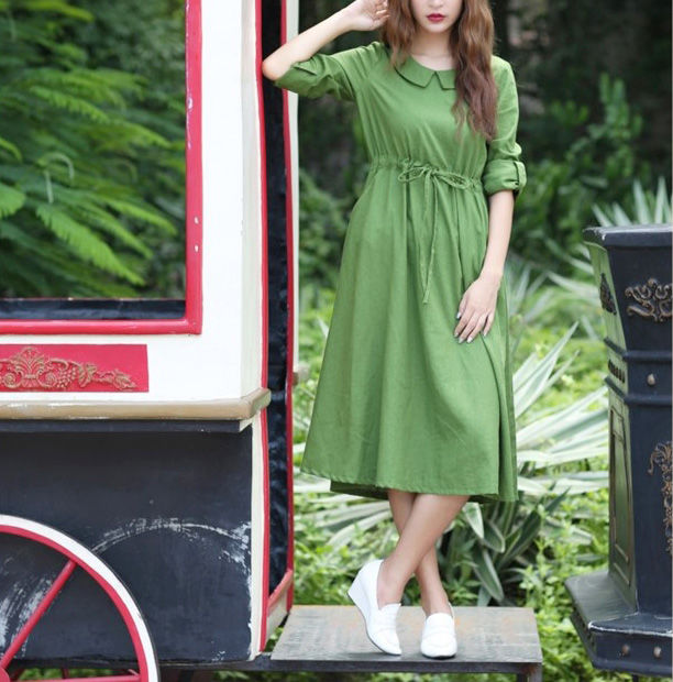 GreenTurndownNeckThree-quaterSleeveBandageMaxiDress-ZME081028GE