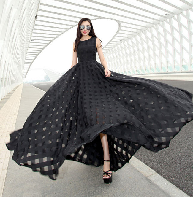 High-endEmpireWaistSleevelessGridPrintBlackPromDress-DFE060231BA