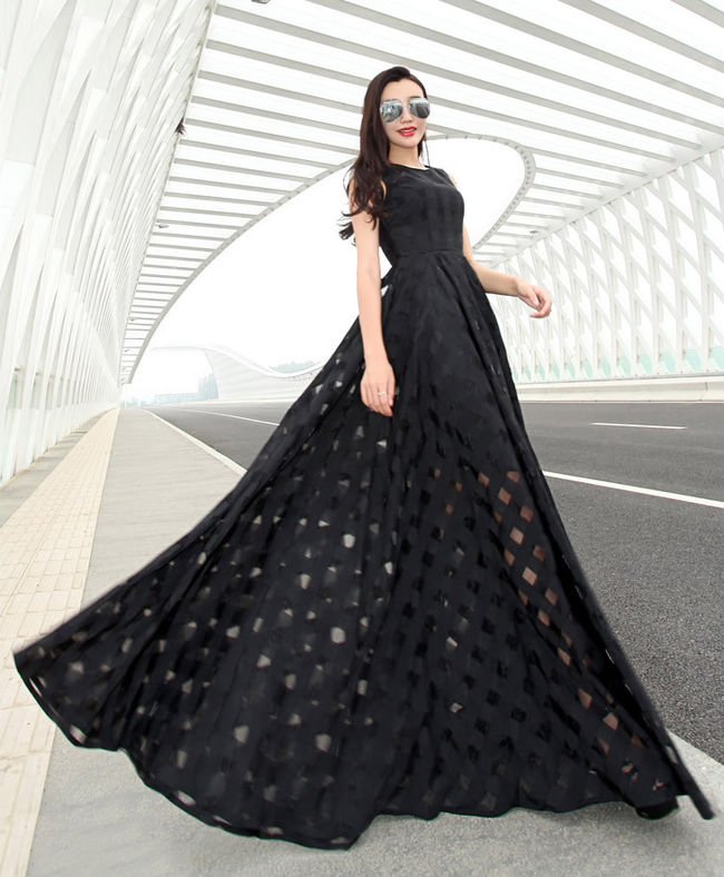 High-endEmpireWaistSleevelessGridPrintBlackPromDress-DFE060231BA