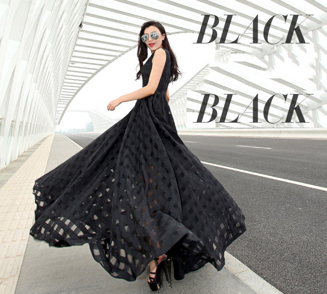 High-endEmpireWaistSleevelessGridPrintBlackPromDress-DFE060231BA